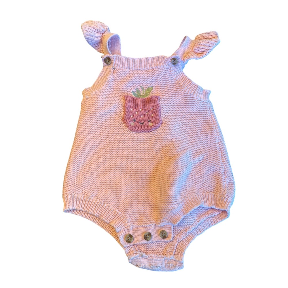 Little‎ Lass Baby Pink Knit Strawberry Pocket Romper 3 6 Months